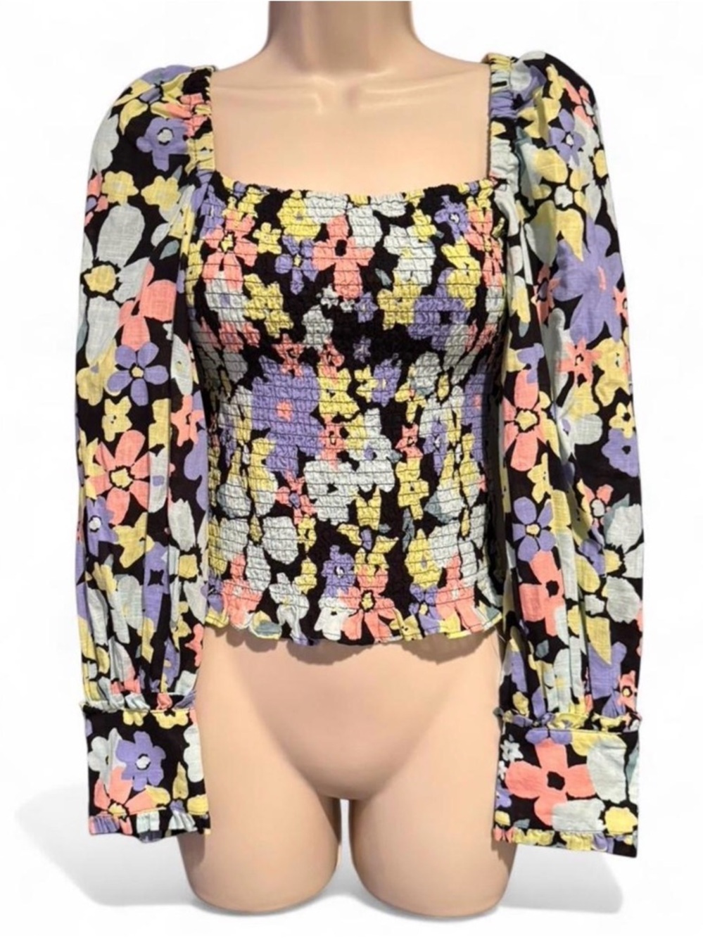 Free People We The Free Smocked Floral Puff Sleeve Crop Top XS Cottagecore Boho